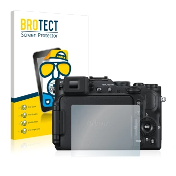 Front side of a product packaging with the brand logo BROTECT. Next to it is the device Nikon Coolpix P7800 shown with the cor