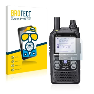 Front side of a product packaging with the brand logo BROTECT. Next to it is the device Icom ID-51 shown with the correspondin