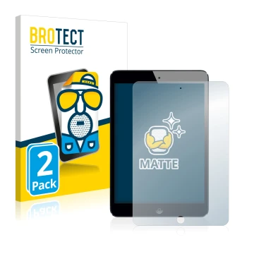 Front side of a product packaging with the brand logo BROTECT. Next to it is the device Apple iPad Mini 2 2013 shown with the 