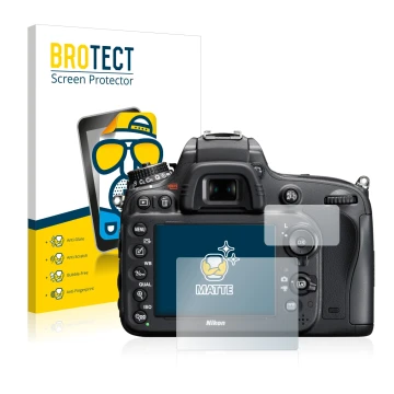 Front side of a product packaging with the brand logo BROTECT. Next to it is the device Nikon D610 shown with the correspondin