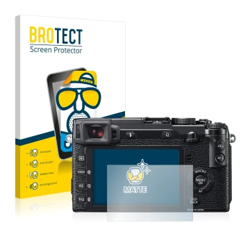 Front side of a product packaging with the brand logo BROTECT. Next to it is the device Fujifilm X-E2 shown with the correspon
