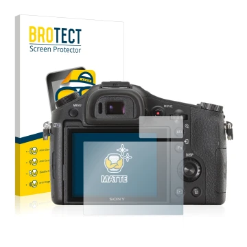 Front side of a product packaging with the brand logo BROTECT. Next to it is the device Sony Cyber-Shot DSC-RX10 shown with th