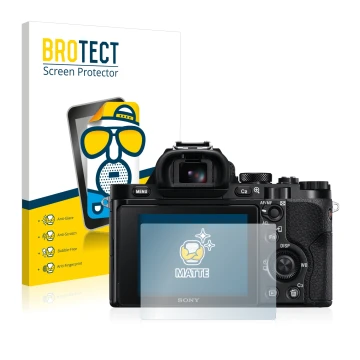 Front side of a product packaging with the brand logo BROTECT. Next to it is the device Sony Alpha 7R (ILCE-7R) shown with the