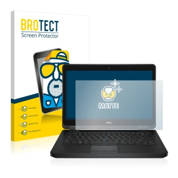 Front side of a product packaging with the brand logo BROTECT. Next to it is the device Dell Latitude 14 E5440 Non-Touch shown