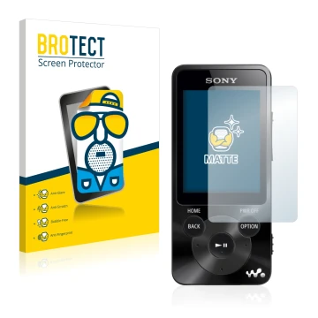 Front side of a product packaging with the brand logo BROTECT. Next to it is the device Sony Walkman NWZ-E585 shown with the c