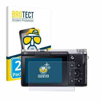 Front side of a product packaging with the brand logo BROTECT. Next to it is the device Samsung NX300M shown with the correspo