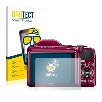 Front side of a product packaging with the brand logo BROTECT. Next to it is the device Nikon Coolpix L830 shown with the corr
