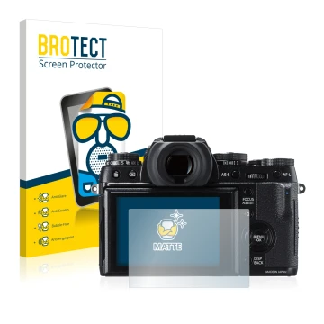 Front side of a product packaging with the brand logo BROTECT. Next to it is the device Fujifilm X-T1 shown with the correspon