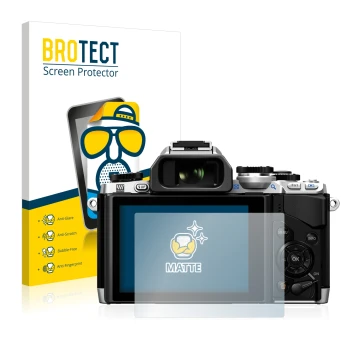 Front side of a product packaging with the brand logo BROTECT. Next to it is the device Olympus OM-D E-M10 shown with the corr