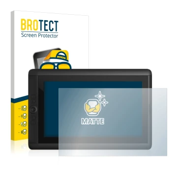 Front side of a product packaging with the brand logo BROTECT. Next to it is the device Wacom Cintiq 13 HD shown with the corr