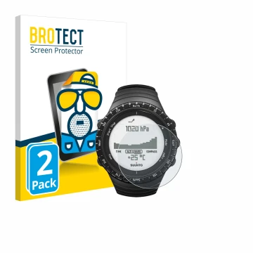 Front side of a product packaging with the brand logo BROTECT. Next to it is the device Suunto Core Regular Black shown with t