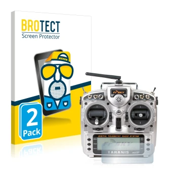 Front side of a product packaging with the brand logo BROTECT. Next to it is the device FrSky Taranis X9D shown with the corre