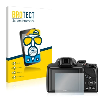 Front side of a product packaging with the brand logo BROTECT. Next to it is the device Nikon Coolpix P530 shown with the corr