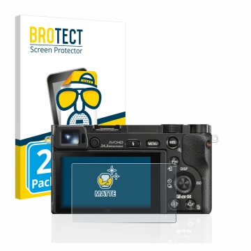 Front side of a product packaging with the brand logo BROTECT. Next to it is the device Sony Alpha 6000 shown with the corresp