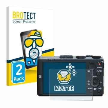 Front side of a product packaging with the brand logo BROTECT. Next to it is the device Sony Cyber-Shot DSC-HX60 shown with th
