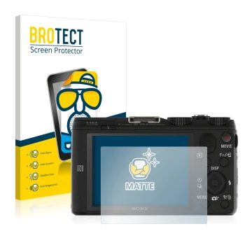 Front side of a product packaging with the brand logo BROTECT. Next to it is the device Sony Cyber-Shot DSC-HX60V shown with t