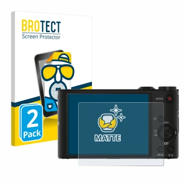 Front side of a product packaging with the brand logo BROTECT. Next to it is the device Sony Cyber-Shot DSC-WX350 shown with t