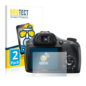 Front side of a product packaging with the brand logo BROTECT. Next to it is the device Sony Cyber-Shot DSC-HX400V shown with 