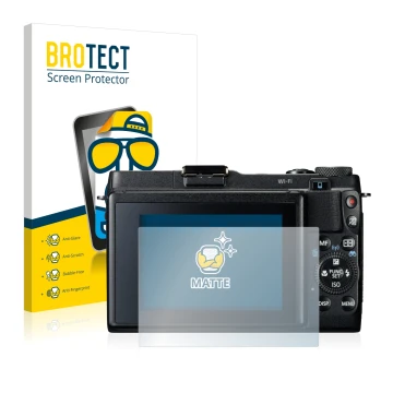 Front side of a product packaging with the brand logo BROTECT. Next to it is the device Canon PowerShot G1 X Mark II shown wit