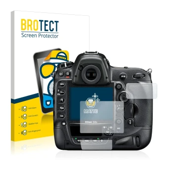 Front side of a product packaging with the brand logo BROTECT. Next to it is the device Nikon D4S shown with the corresponding