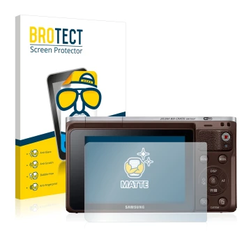 Front side of a product packaging with the brand logo BROTECT. Next to it is the device Samsung NX Mini shown with the corresp