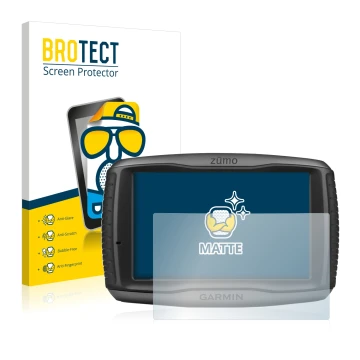 Front side of a product packaging with the brand logo BROTECT. Next to it is the device Garmin zumo 590LM shown with the corre