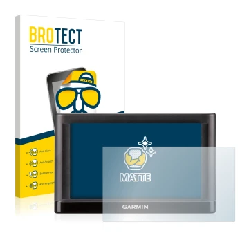 Front side of a product packaging with the brand logo BROTECT. Next to it is the device Garmin nüvi 55LT shown with the corres