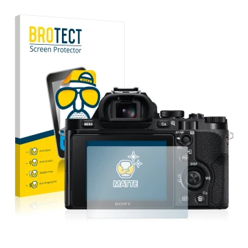 Front side of a product packaging with the brand logo BROTECT. Next to it is the device Sony Alpha 7S shown with the correspon