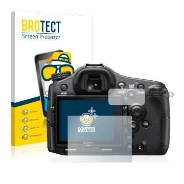 Front side of a product packaging with the brand logo BROTECT. Next to it is the device Sony Alpha 77 II (SLT-A77 II) shown wi