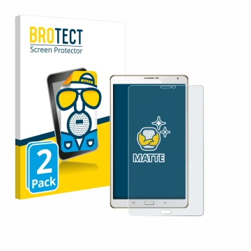 Front side of a product packaging with the brand logo BROTECT. Next to it is the device Samsung Galaxy Tab S 8.4 SM-T705 shown