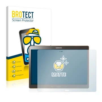 Front side of a product packaging with the brand logo BROTECT. Next to it is the device Samsung Galaxy Tab S 10.5 SM-T800 show