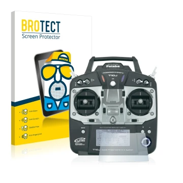 Front side of a product packaging with the brand logo BROTECT. Next to it is the device Robbe Futaba T10J shown with the corre