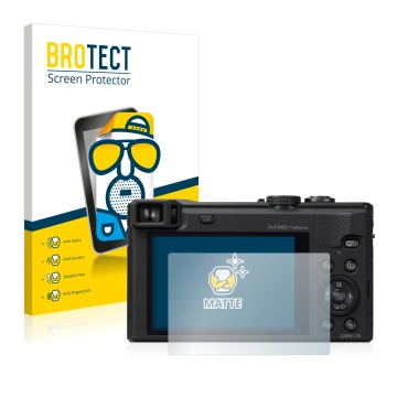 Front side of a product packaging with the brand logo BROTECT. Next to it is the device Panasonic Lumix DMC-TZ60 shown with th