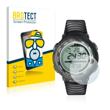 Front side of a product packaging with the brand logo BROTECT. Next to it is the device Suunto Vector Black shown with the cor