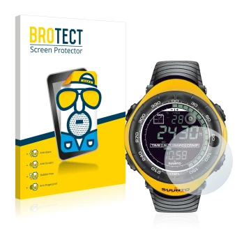 Front side of a product packaging with the brand logo BROTECT. Next to it is the device Suunto Vector Yellow shown with the co