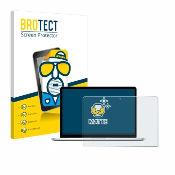 Front side of a product packaging with the brand logo BROTECT. Next to it is the device Apple MacBook Pro Retina 13
