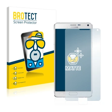 Front side of a product packaging with the brand logo BROTECT. Next to it is the device Samsung Galaxy Note 4 shown with the c