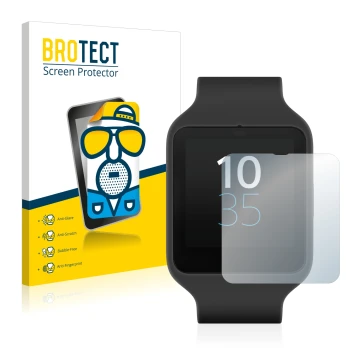 Front side of a product packaging with the brand logo BROTECT. Next to it is the device Sony Smartwatch 3 SWR50 shown with the