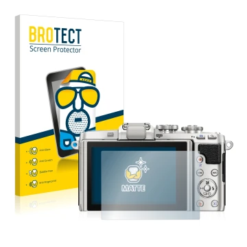 Front side of a product packaging with the brand logo BROTECT. Next to it is the device Olympus PEN E-PL7 shown with the corre
