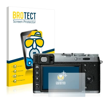 Front side of a product packaging with the brand logo BROTECT. Next to it is the device Fujifilm X100T shown with the correspo