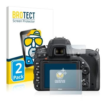 Front side of a product packaging with the brand logo BROTECT. Next to it is the device Nikon D750 shown with the correspondin