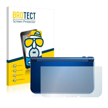 Front side of a product packaging with the brand logo BROTECT. Next to it is the device Nintendo New 3DS XL (housing) shown wi