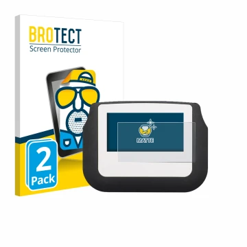 Front side of a product packaging with the brand logo BROTECT. Next to it is the device Signotec Signature Pad Sigma shown wit