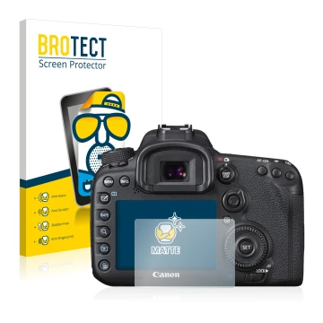 Front side of a product packaging with the brand logo BROTECT. Next to it is the device Canon EOS 7D Mark II shown with the co