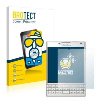 Front side of a product packaging with the brand logo BROTECT. Next to it is the device BlackBerry Passport shown with the cor