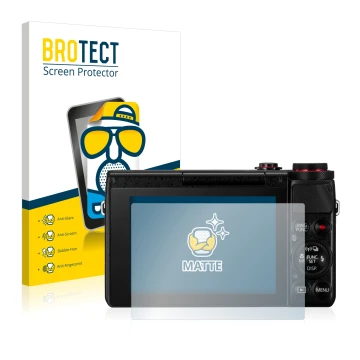 Front side of a product packaging with the brand logo BROTECT. Next to it is the device Canon PowerShot G7 X G7X shown with th