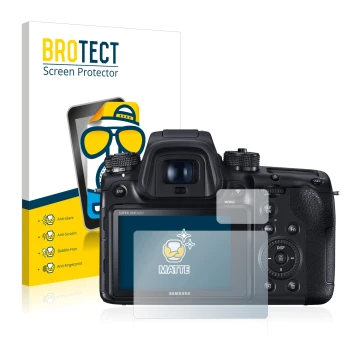 Front side of a product packaging with the brand logo BROTECT. Next to it is the device Samsung NX1 shown with the correspondi