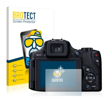 Front side of a product packaging with the brand logo BROTECT. Next to it is the device Canon PowerShot SX60 HS shown with the