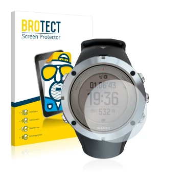Front side of a product packaging with the brand logo BROTECT. Next to it is the device Suunto Ambit3 Peak Sapphire shown with