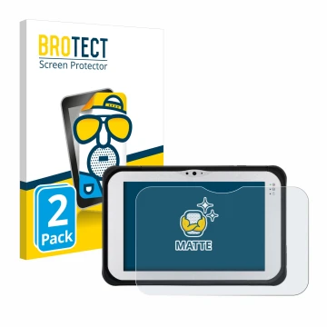 Front side of a product packaging with the brand logo BROTECT. Next to it is the device Panasonic Toughpad FZ-M1 shown with th